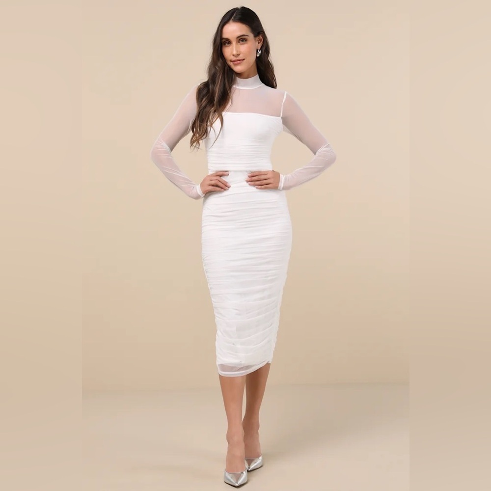 Lulus Impressive Flirt White Mesh Ruched Mock Neck
Midi Dress